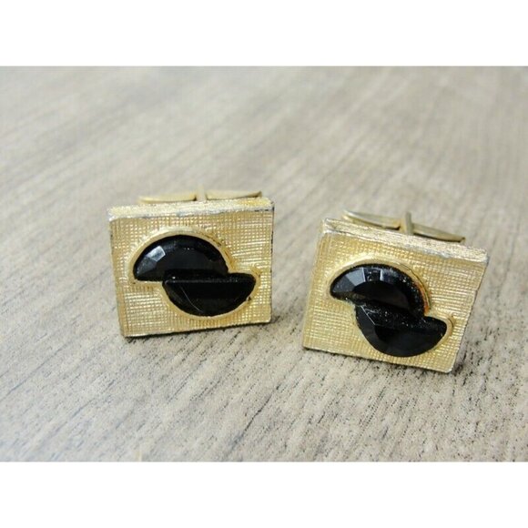 Cufflinks Gold Tone Black Stones  Tux Shirt Dress Suit Vintage - Picture 2 of 9